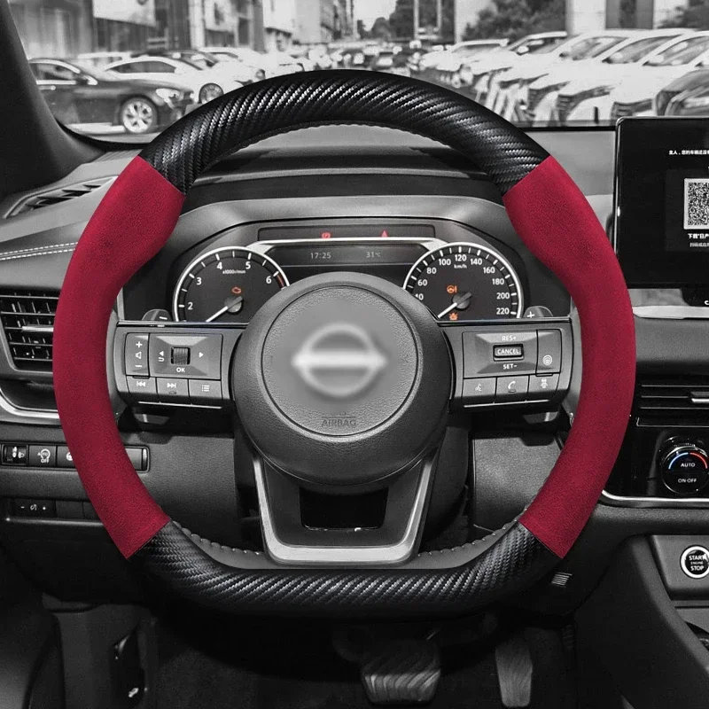 38cm Genuine Leather Suede Car Steering Wheel Cover Anti-Slip, for Nissan X-Trail Qashqai Rogue Tiida Teana Micra Almera