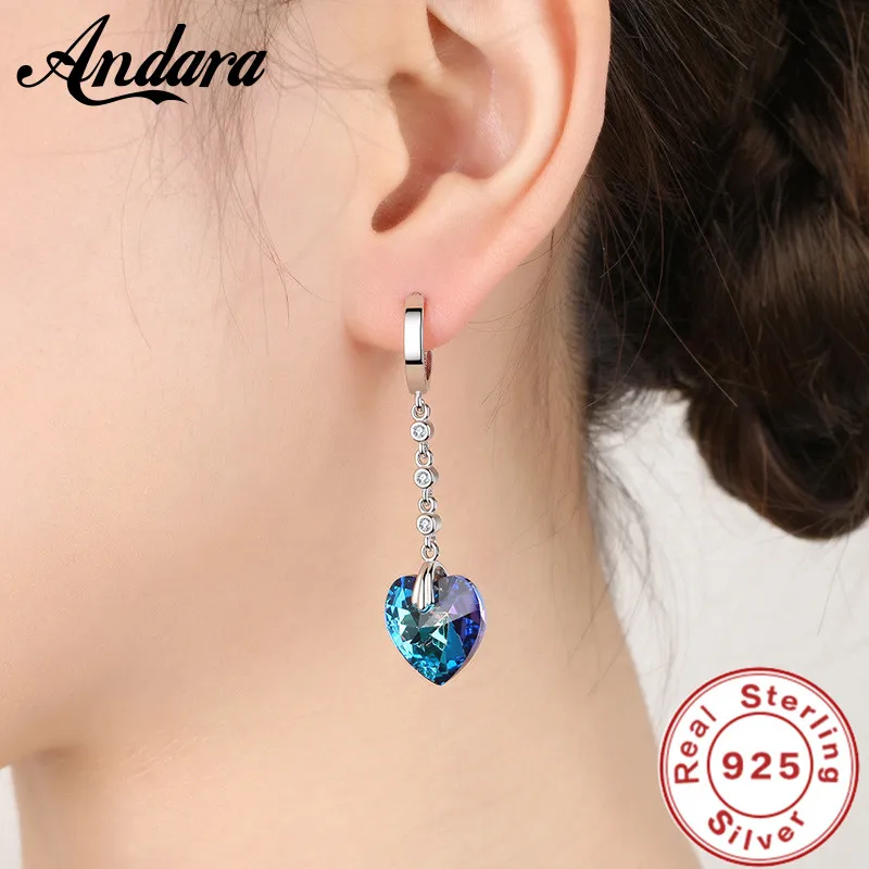 925 Sterling Silver Earrings Heart-Shaped Blue Crystal  Zircon Long Earrings For Women\'S Wedding Fashion Jewelry Gifts