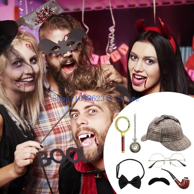 5asd 7 ชิ้นนักสืบเครื่องแต่งกายอุปกรณ์เสริมผู้ใหญ่นักสืบหมวก Inspector เครื่องแต่งกายชุดสำหรับ Masquerades