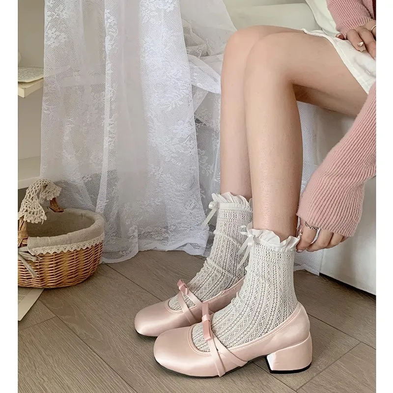 Women Chunky Heel Shoes New 2024 Fashion Bowknot Strap Mid Heels Women Mary Jane Shoes Dress Shallow Mouth Ladies Ballet Shoes