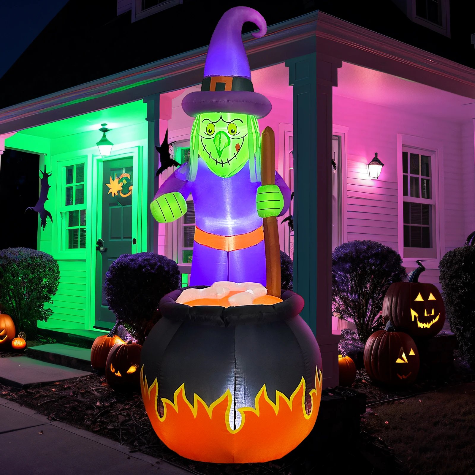 OurWarm 7ft Halloween Inflatable Witch Ghost with Build-in LED Lights Halloween Decorations Outdoor Inflatable for Lawn Decor