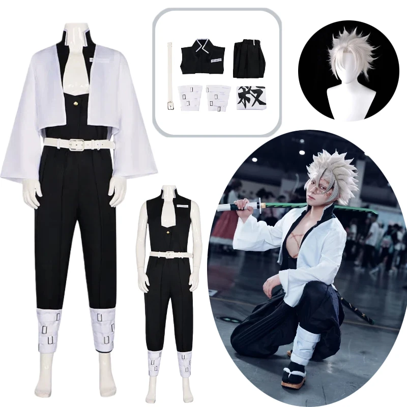

Anime Shinazugawa Sanemi Costume Kimetsu no Yaiba Cosplay White Top Black Pants with Accessories Full Set Outfits for Men