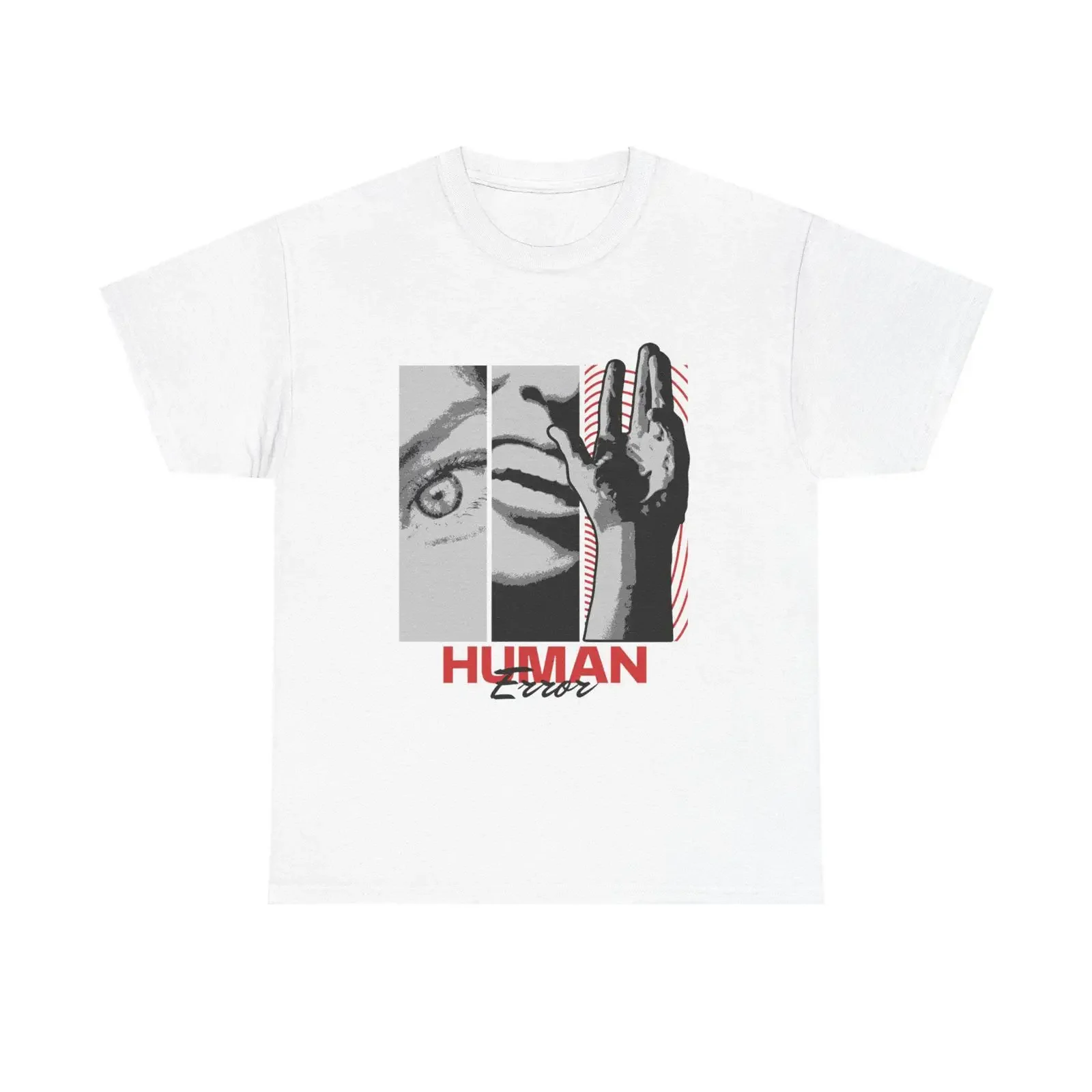 Human Error graphic tee Retro eye and hand illustration monochrome red accent vintage Washed fashion Stretched Breathable