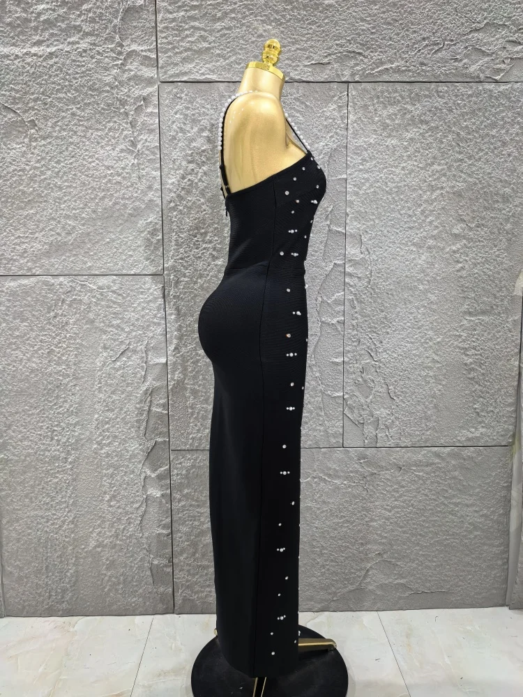 Robe longue à bandes pour femmes, couleur noire, sans manches, bretelles Sexy, col carré, moulante, élégante, tenue de soirée, de célébration d'anniversaire
