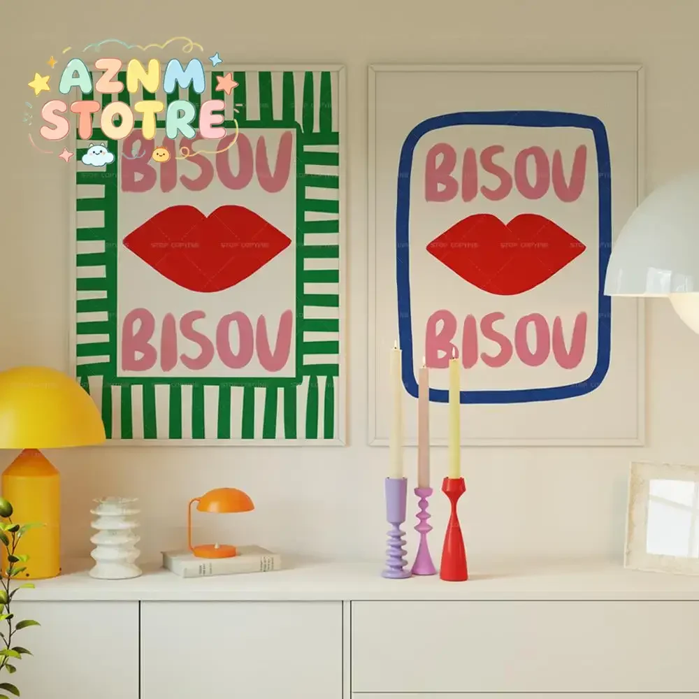 Maximalist Eclectic Pink French Quotes Bisou Bisou Bonjour Bonne Nuit Wall Art Canvas Painting Posters Living Room Home Decor