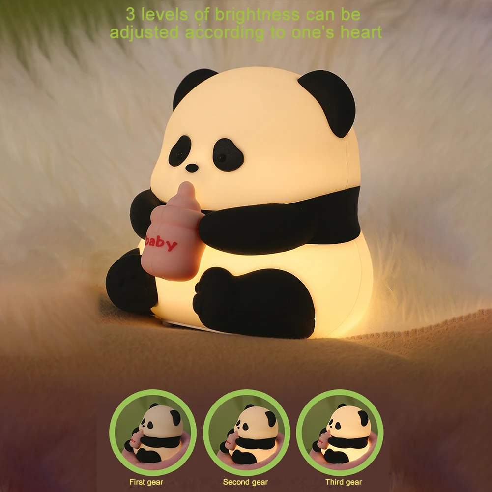 Panda recarregável silicone luz noturna para quarto das crianças, 3 modos, brilho ajustável, recarregável, sono