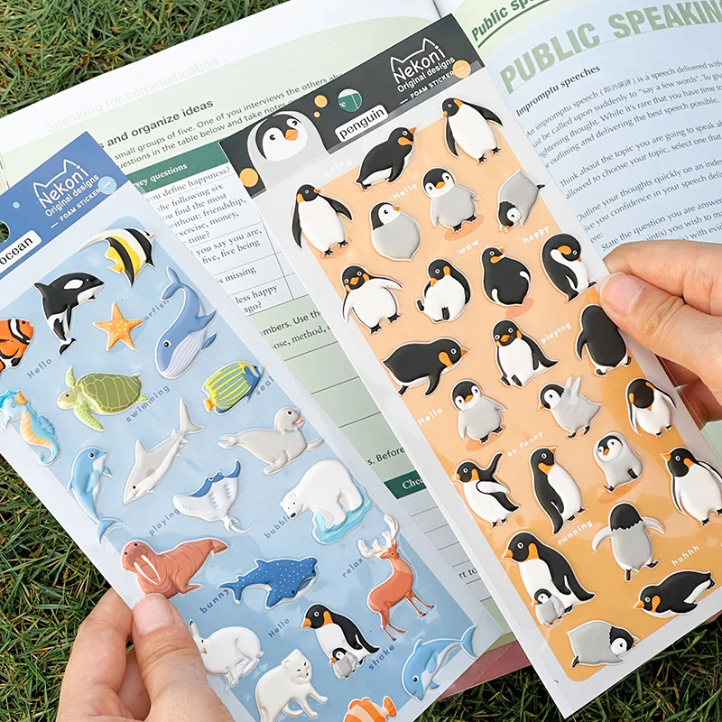الكورية استيراد NEKONI الكرتون البطريق ديناصور المحيط الحيوانات ملصقات ثلاثية الأبعاد سكرابوكينغ لتقوم بها بنفسك مجلة لطيف القرطاسية المدرسة ملصق