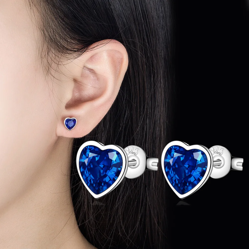 Luxury 925 Sterling Silver Blue Zircon Heart Stud Earrings Earrings For Women High Quality Jewelry