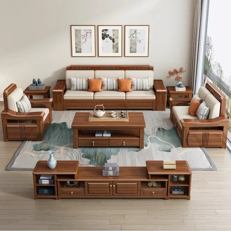 Solid wood sofa living room modern Chinese sofa with corner chaise longue wood small apartment furniture sofa living room