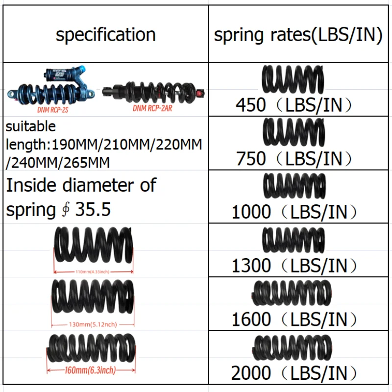 Suitable for spring 35MM bicycle shock absorber DNM RCP-2S&RCP-2AR with length 110MM-130MM-160MM