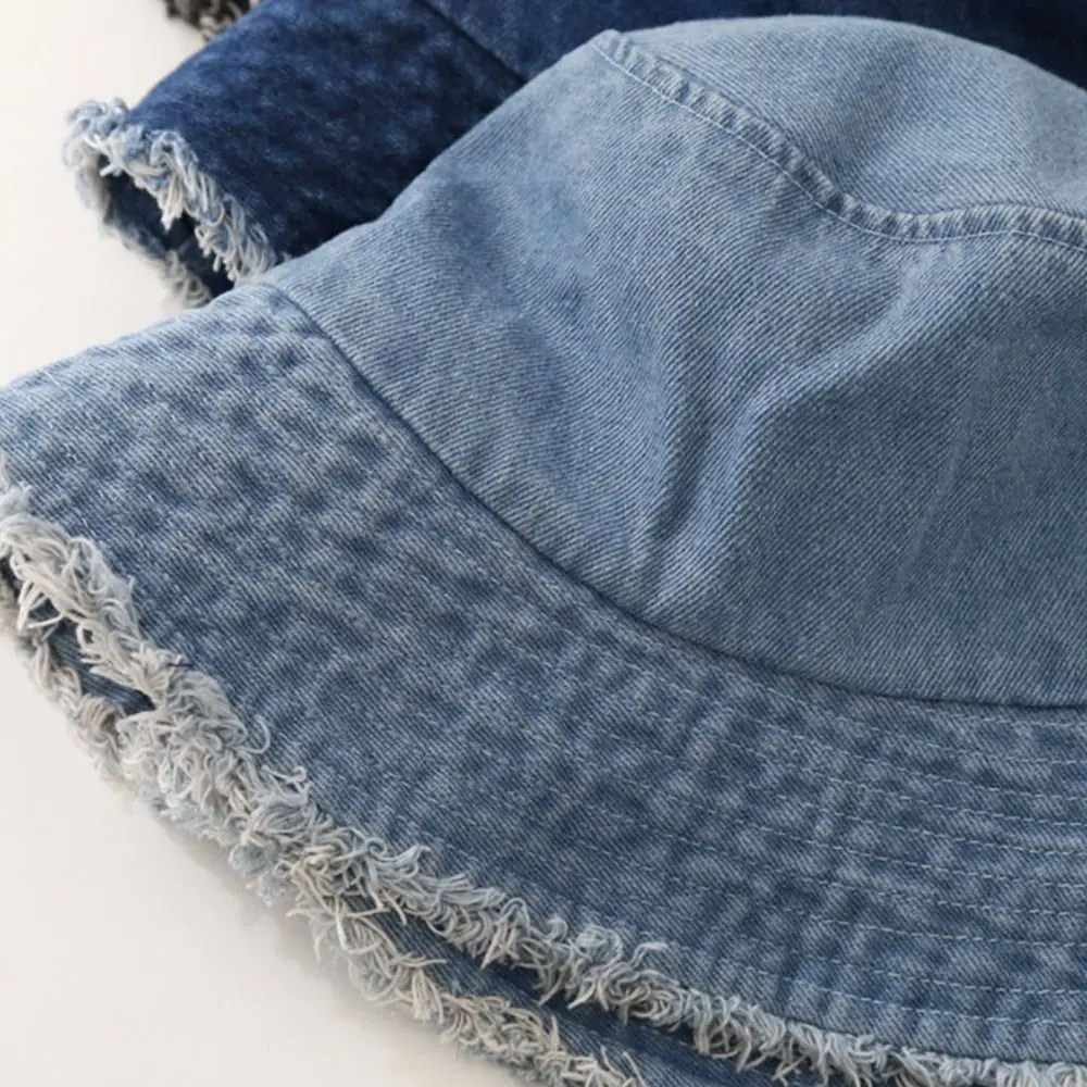 Sunscreen Hat Solid Color Fur Denim Fisherman Hat Denim Style Men Women Bucket Hat Fringed Edge Summer Vintage Bob Hat