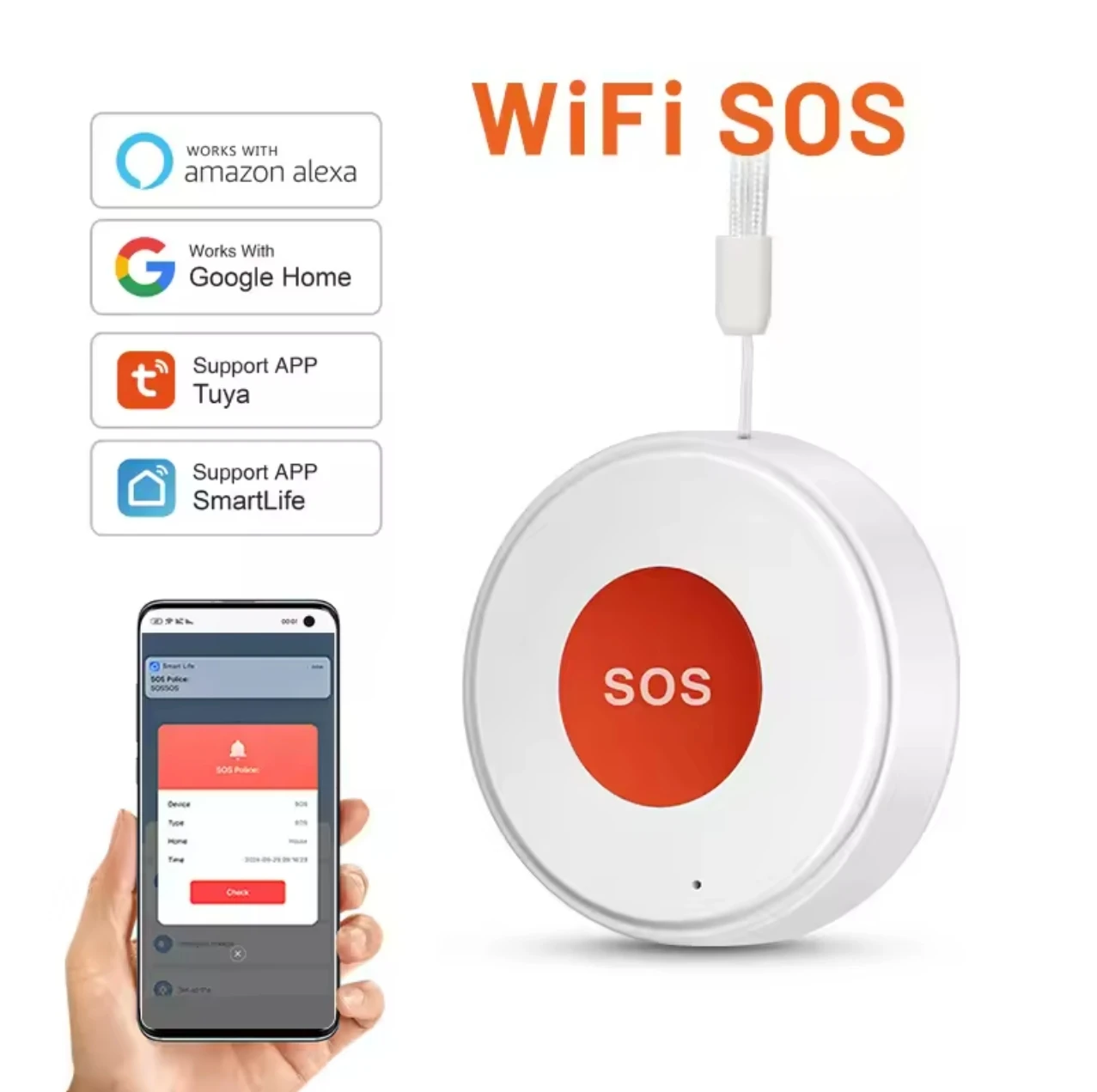 Tuya WiFi SOS Panic Call Button Smart Life APP Rechargeable Battery One Key Alarm For Patient Kids Elderly Man Hanging Rope