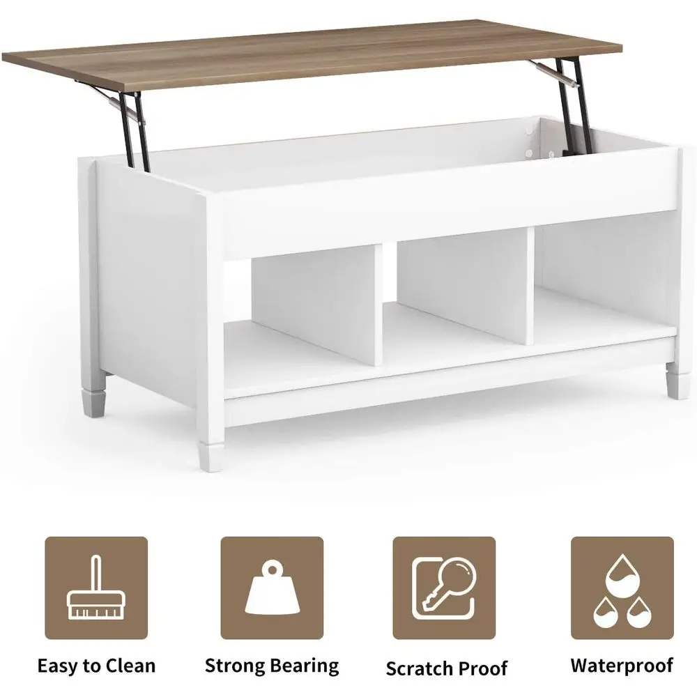 Hidden Compartment & Open Shelves Coffee Table, Modern Storage Table, Accent Lift-Top Table for Living/Reception Rooms (White)
