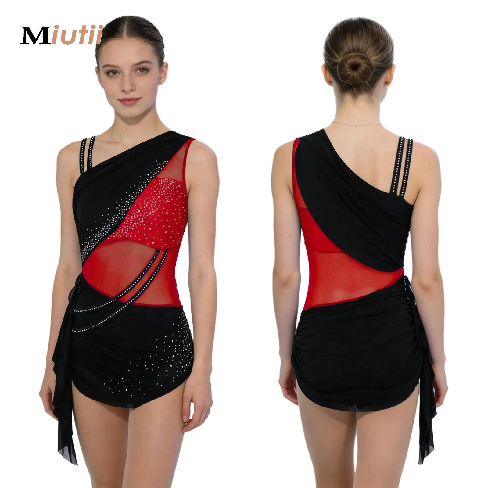 

Women Ballet Gymnastics Leotard Color Block Figure Skating Bodysuit Lyrical Dance Costume Sheer Mesh Glittery Rhinestones Jersey