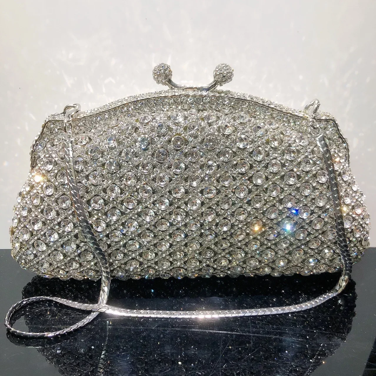 Women Elegant Silver Formal Rhinestone Clutch Purse Banquet Party Wedding Crystal Evening Bag Luxury Diamond Bridal Handbag