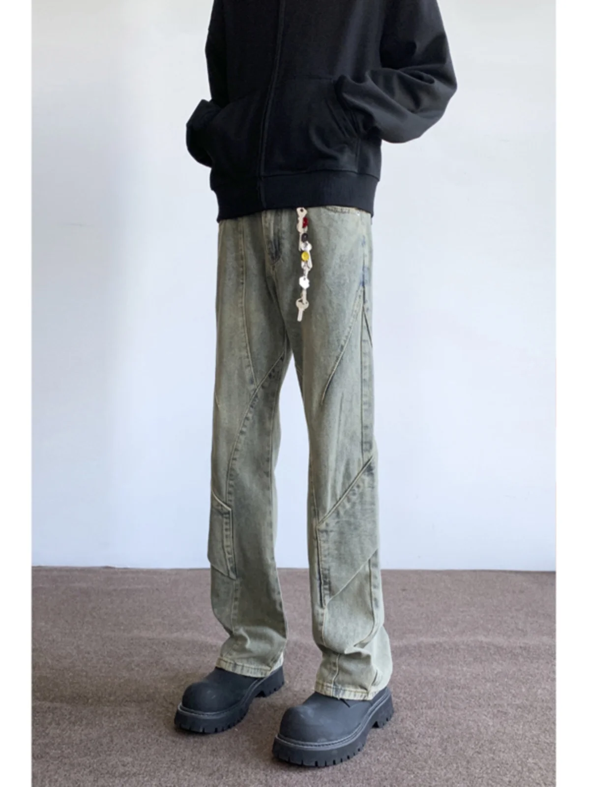 

Cleanfit American High Street Yellow Mud Color Patchwork Men's Spring Autumn Straight Leg Jeans Wear Resistant Micro Stretch