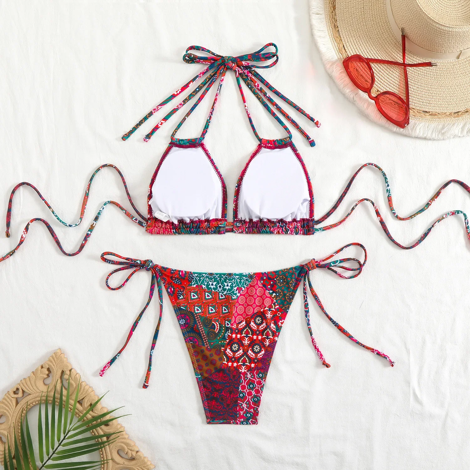 Micro bikini vintage con stampa floreale rossa 2025 Costume da bagno sexy con doppia cinghia push up con cravatta laterale perizoma da spiaggia