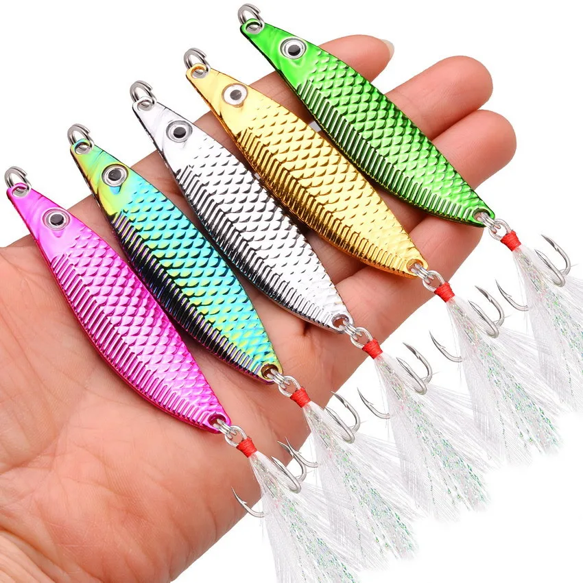 Metal VIB Leech Spinners Spoon Lures 7g-20g Artificial Bait With Feather Hook Night Fishing Tackle for Bass Pike Perch