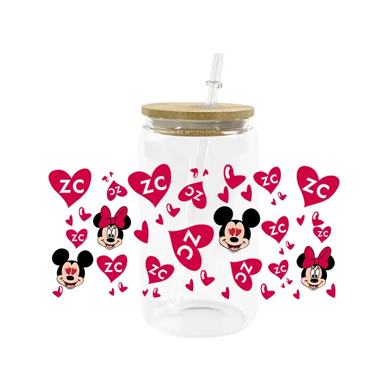 Miniso Mickey Minnie Lover Cartoon High-Quality Wraps 16oz Glass Cup UV DTF Wrap Transfer Printing Transfer Decals