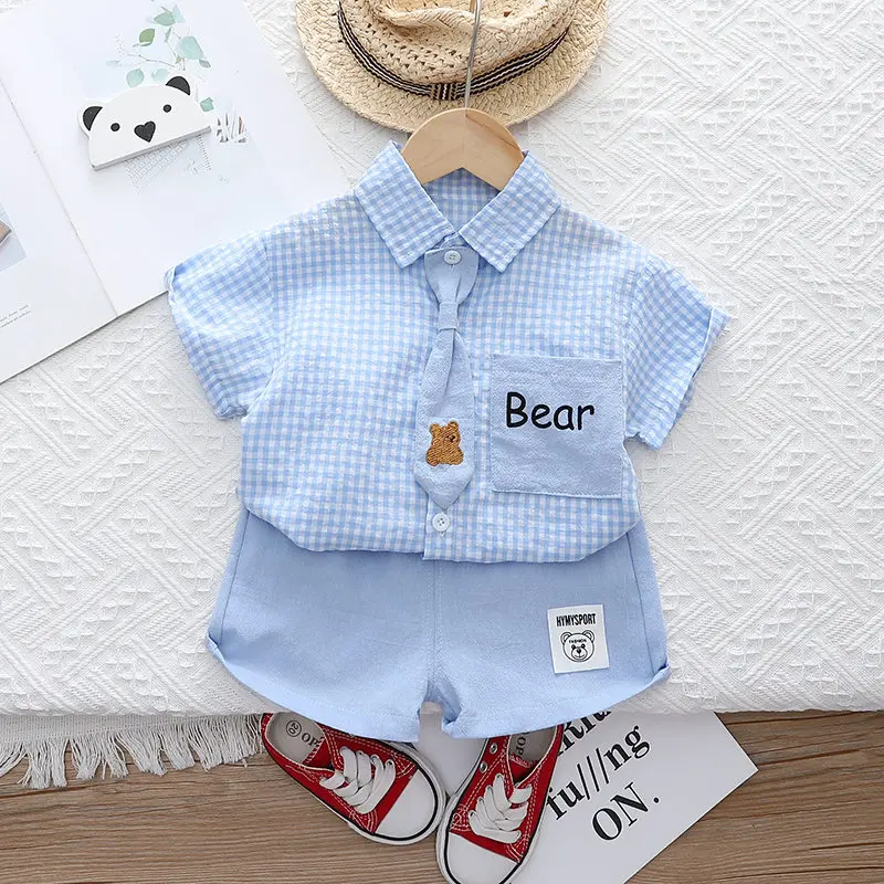 Summer Casual Baby Boy Toddler Causal ClothesPlaid Shirt Tops Pants 2Pcs/Set With Tie Cotton Kids Outfits Clothing Suit