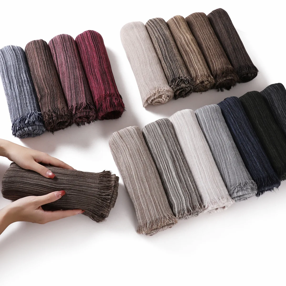 

Мусульманский хиджаб с морщинами, вискоза, шали для женщин, шарф с рюшами и бахромой, полосатый платок большого размера, исламский тюрбан, повязка на голову, шаль, накидка