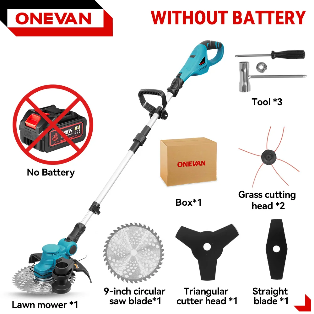 ONEVAN 9 inch Borstelloze Elektrische Grasmaaier Draadloze Grastrimmer Snoeien Snijden Tuin Gereedschap Voor Makita 18V Accu