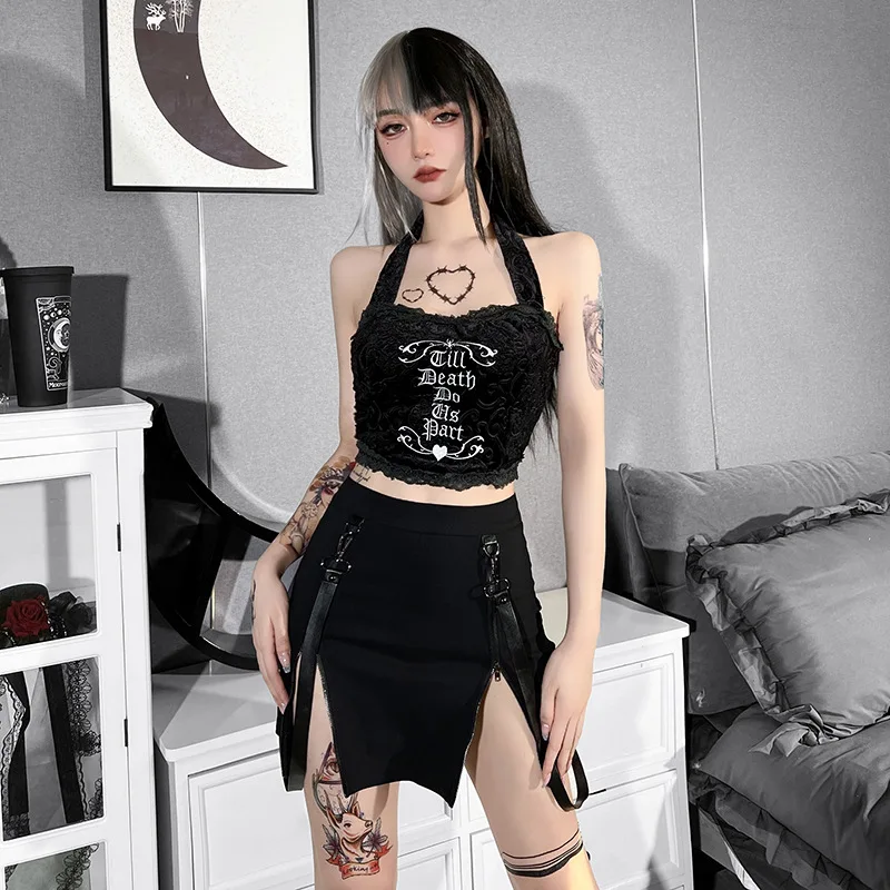 Goth Dark Gothic Split A-Line Skirts Double-Sided Zipper Slits 90s Streetwear Women Mall Gothic Dropped Mini Skirt Zip Edgy