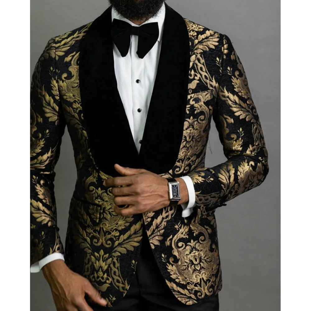 Luxury Men\'s Blazer Black and Glod Jacquard Fabric Shawl Lapel Single Breasted Formal Suits One Pcs Jacket Slim Fit High Quality