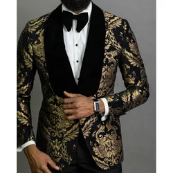 Luxury Men's Blazer Black and Glod Jacquard Fabric Shawl Lapel Single Breasted Formal Suits One Pcs Jacket Slim Fit High Quality