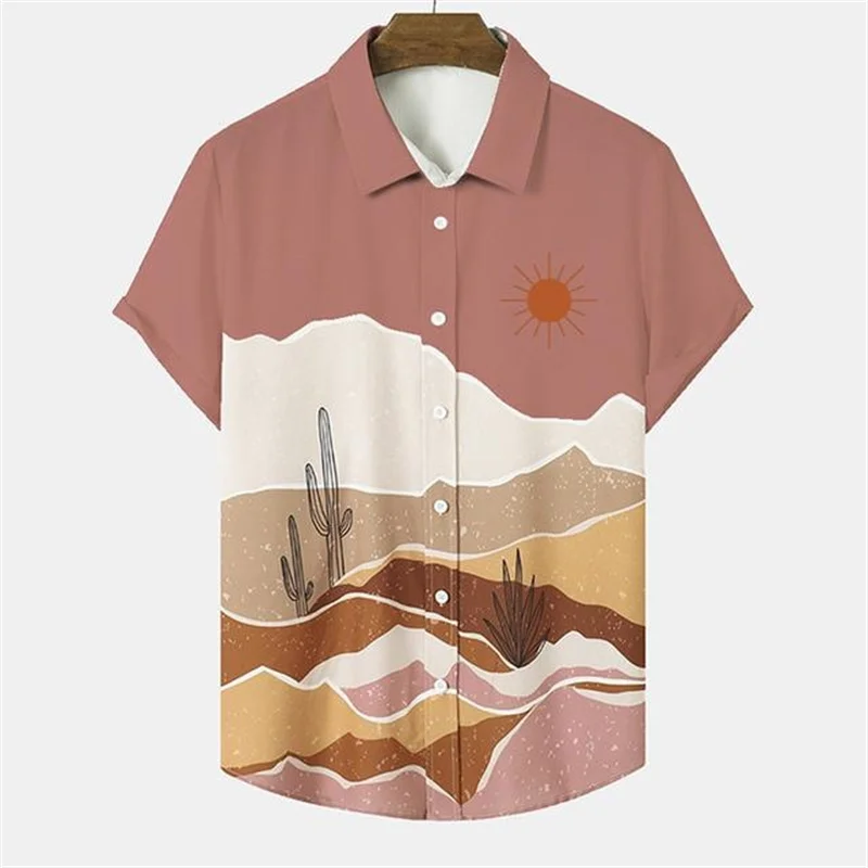 Cactus Desert Landscape 3d Print Shirts Men Fashion Shirt Short Sleeve Casual Shirts Single-Breasted Shirt Men\'s Clothing