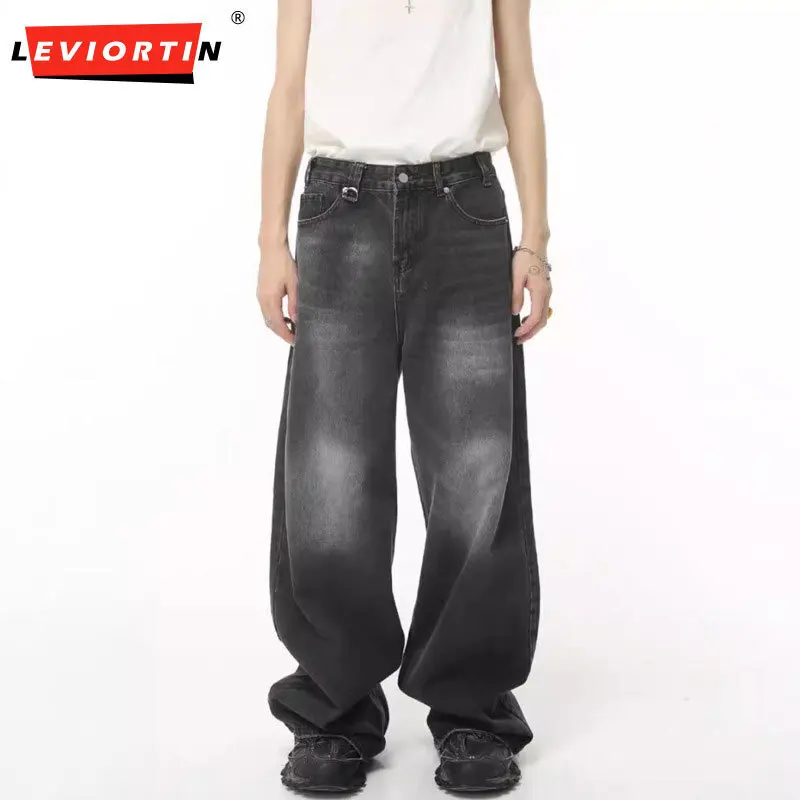 

LEVIORTIN Vintage Men's Baggy Denim Trousers 2023 New Streetwear Wide Leg Loose Denim Pants Fashion Distressed Straight Pants