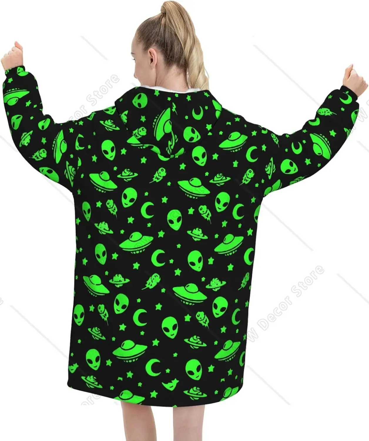 Oversized Flannel Wearable Blanket Hoodie for Adult Alien Funny Spaceships-Planet Soft Fuzzy Hooded Lounging Pullover Black