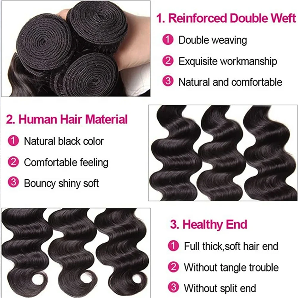 Bundles brésiliens de cheveux humains Remy Wavy Body Wave, Tissage de cheveux humains, 13x4 Frmeds, Richesse des tissages, 26 po, 28 po, 30 po