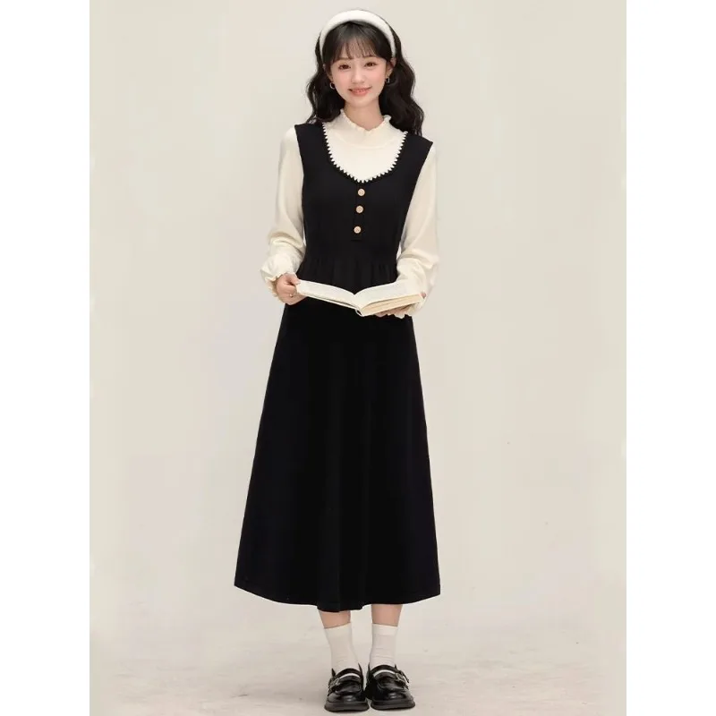 Robe noire faux deux pièces à la taille, vêtements doux, jupe longue française Super belle, jupe populaire de cette année, automne