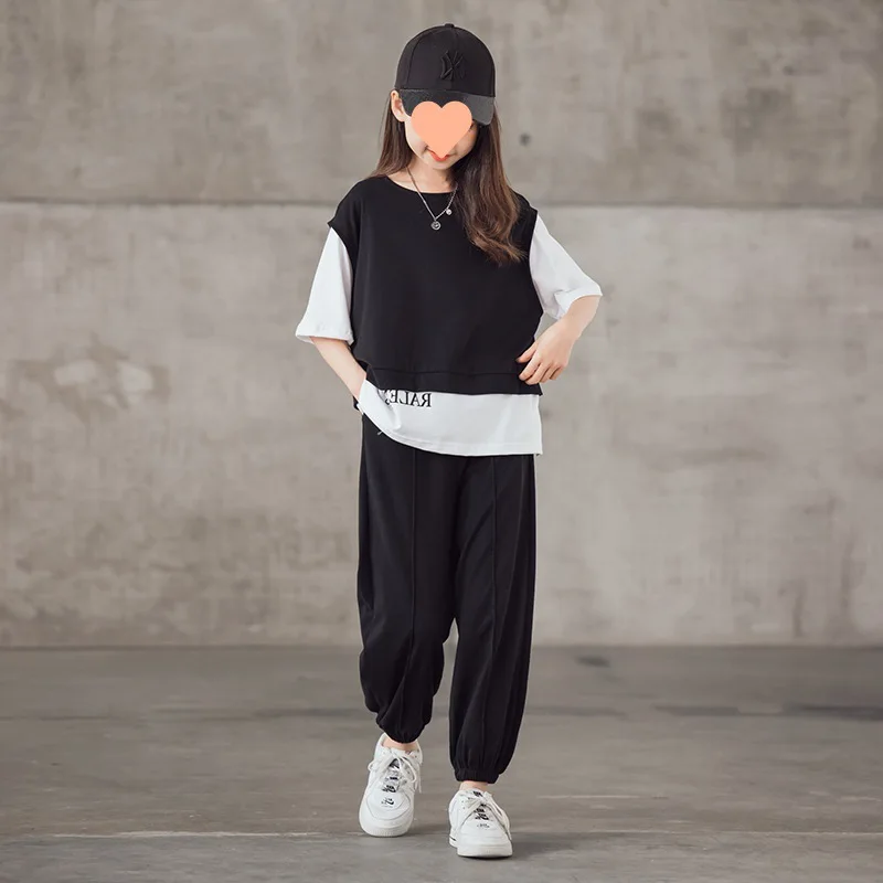 Children's sports suit summer new middle-aged and older children's short-sleeved two-piece set, girls' casual pants suit tide 3
