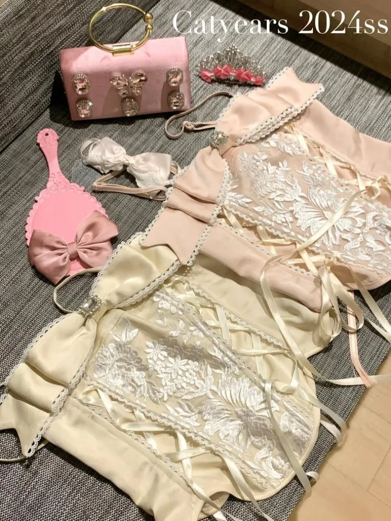 

French Elegant Tie Up Bow Lace Camisole Vest 2025 Summer New Slim Waist Tube Top Y2k Crop Tops Sweet Girl Tank Top Women