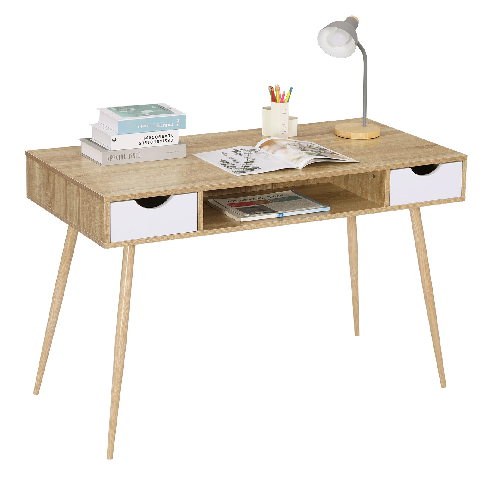 Wood Desk with 1 Open Compartment  2 Drawers Steel Frame Study Computer Table Workstation  Laptop Desktop Table for Home Office