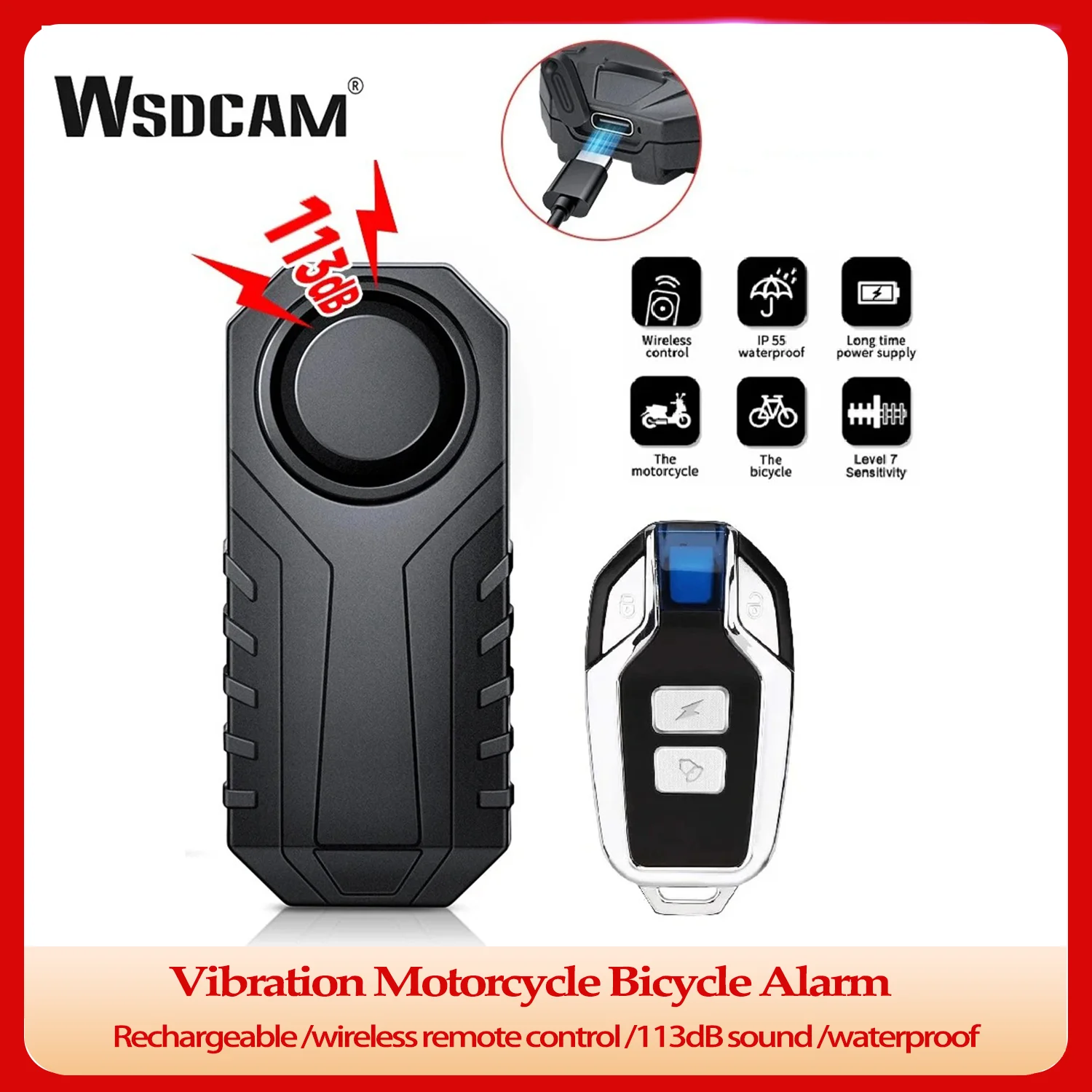 Wsdcam Wireless Motorcycle Alarm Recharge Remote Control Bicycle Alarm for Moto Electric Anti-theft Bike Alarm Waterproof