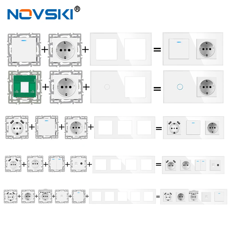 Novski Sakelar Lampu Panel Kaca Tangguh, Colokan Dinding Eropa dan Prancis, USB, TV, RJ45, RJ11, Modul Sakelar Sensor DIY Putih