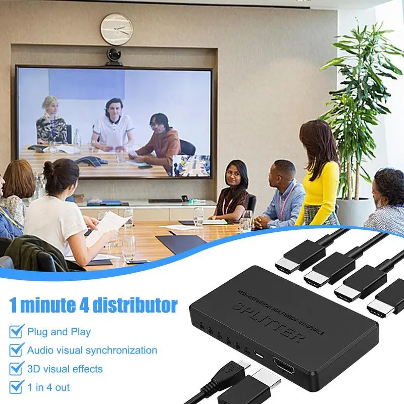 HD-сплиттер для двойных мониторов Видеоразветвитель Кабельный разветвитель HD 4K 30 Гц 1 в 4 выхода Несколько для ПК Монитор для ноутбука Проектор 1