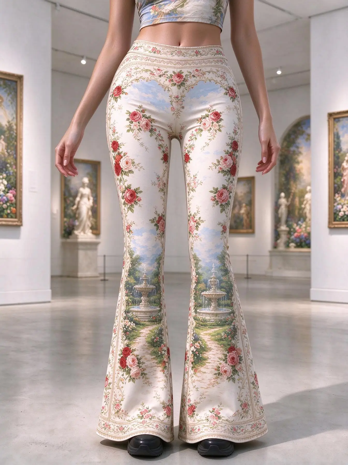 Women Mid-Rise Slim Flared Pants Vintage Castle Vineyard Sunset Floral Oil Painting Print Stretch Bell Bottoms