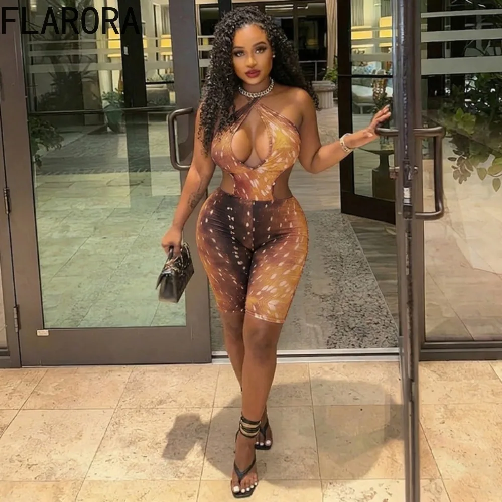 

FLARORA Sexy Moose Pattern Print Romper Woman Halter Sleeveless Hollow Backless Skinny Playsuits Midnight Wild Hottie Streetwear