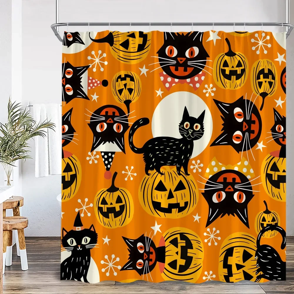 Cartoon Spectre Ghost Shower Curtain Orange Pumpkin Blak Cat Boo Happy Halloween Bathroom Decor Polyester Fabric Bathtub Curtain