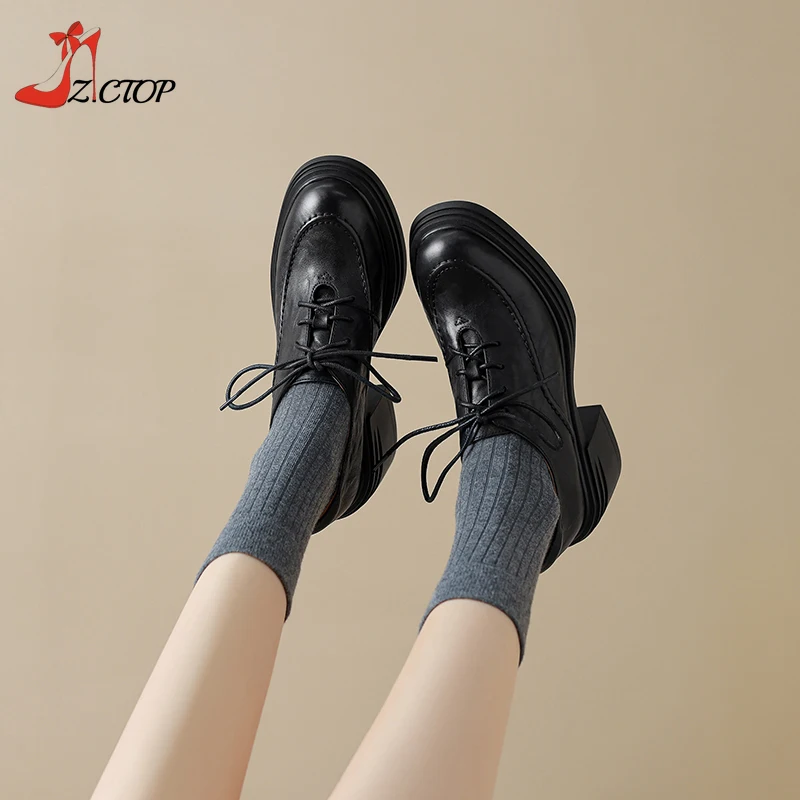 Retro Women Loafers British Style Platform Mary Jane High Heels Lace Up Leather Shoes Uniform Shoes Brown Black