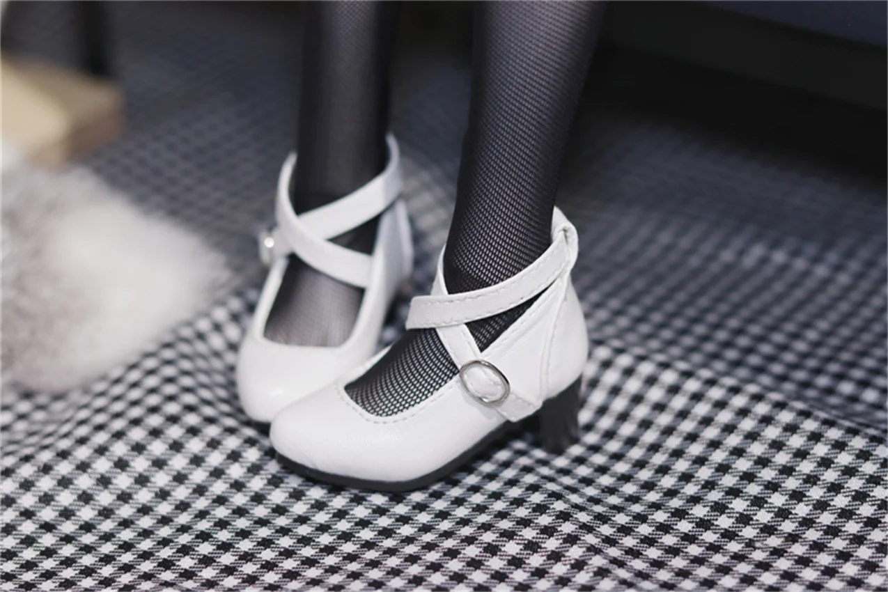 BJDドールシューズ 女の子 ポインテッドトゥ マットブラック ブラウン ホワイト レザー 小さい靴 クロスバックル おもちゃ 1/4 ハイヒール ドールアクセサリー