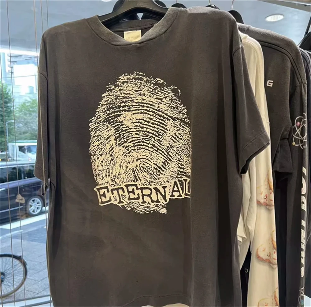

Summer New Saint High Quality Fingerprint Printed Washed Vintage Short Sleeve Street Casual Loose Oversize Cotton T-shirt Man