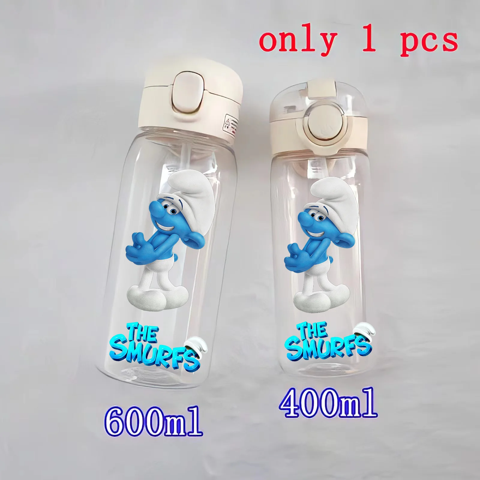 The Smurf 400/600ML Portable Sports Bottle PC Straw Cup Outdoor Camping Fitness Large Capacity Children Water Bottle Smurf Gift