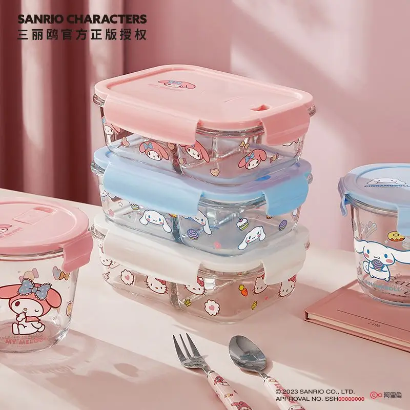 Sanrio Cinnamoroll My Melody Anime Kawaii Ins Glass Lunch Boxes Cute Microwave Safe Food Bowls Separated Bento Case Gifts
