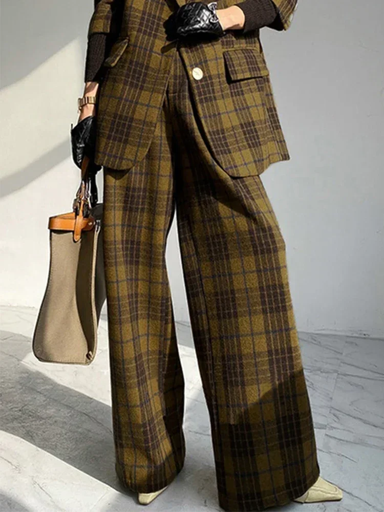 Lemongor-pantalones de lana a cuadros Vintage para mujer, pantalón elegante, informal, urbano, holgado, con cintura ancha, para otoño e invierno, 2025