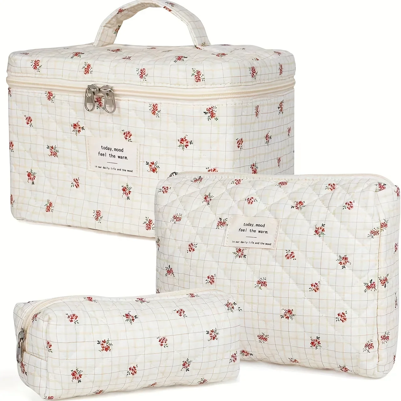 

3pcs Cotton Quilted Makeup Bags Floral Cotton Cosmetic Bag Aesthetic Toiletry Travel Organizer Bag Gift For Women